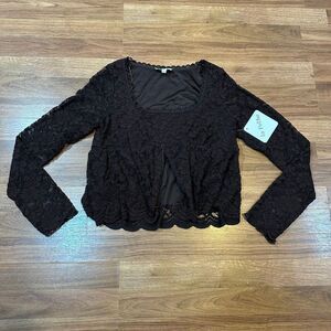 La Peche Long Sleeve Laced Crop Top Shirt Brown | Women Size Large